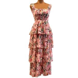 Pinkyotto Floral Maxi Dress Womens S Pink Tiered Smocked Cottagecore Coquette
